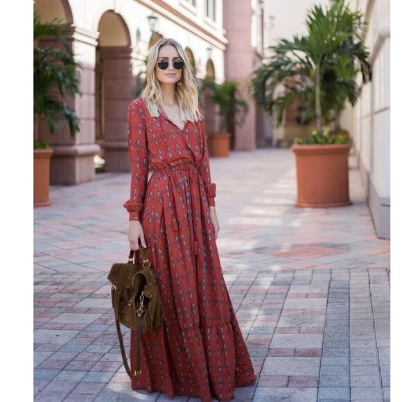 70s Adini Burgundy Boho Maxi Dress | Gold Print Empire Waist Tassel Beads Fall - Picture 7 of 16